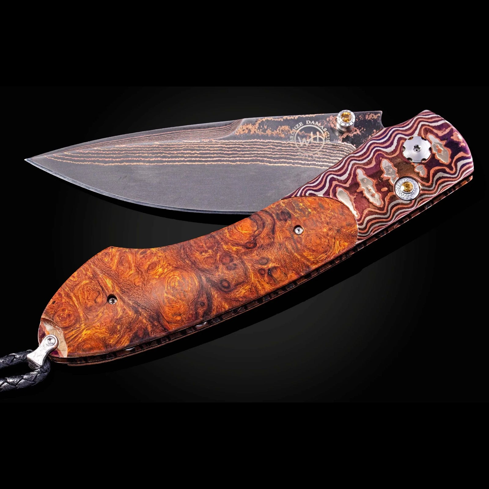 William Henry B12 Tiger Stripes - Desert Ironwood Burl Inlaid Mokume Gane Frame w/ Tiger Mai Damascus Blade Folding Knife