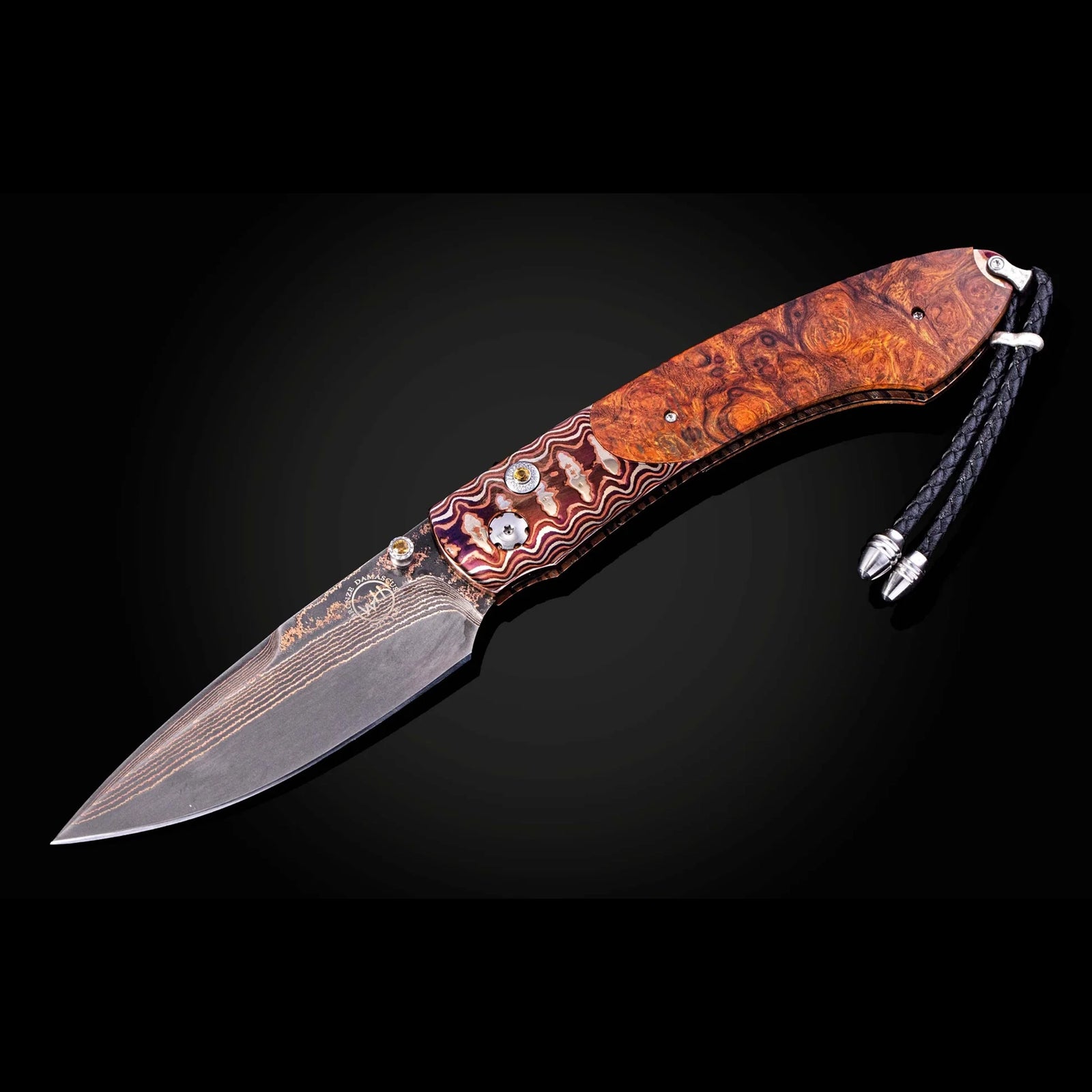 William Henry B12 Tiger Stripes - Desert Ironwood Burl Inlaid Mokume Gane Frame w/ Tiger Mai Damascus Blade Folding Knife