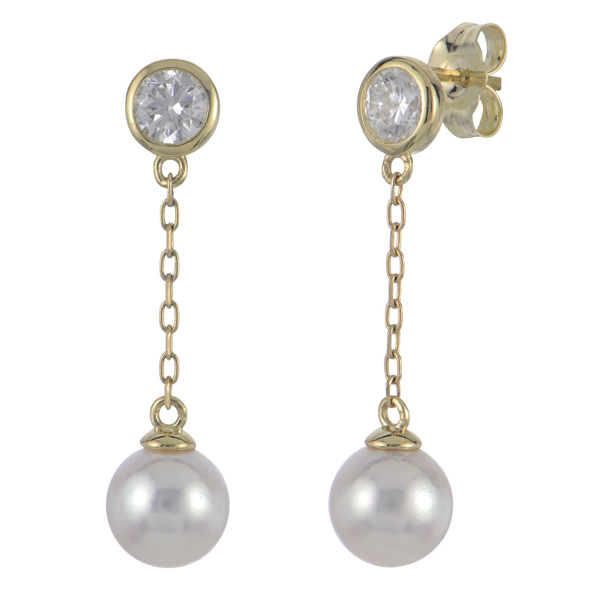 14K Yellow Gold Signature High Luster Akoya Pearl &amp; Lab Grown Diamond Dangle Stud Earrings