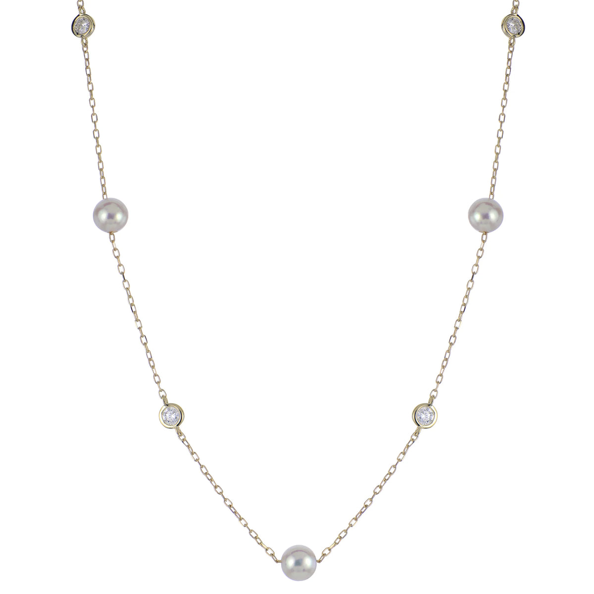 14K Yellow Gold High Luster Akoya Pearl &amp; Lab Grown Diamond 18&quot; Station Necklace