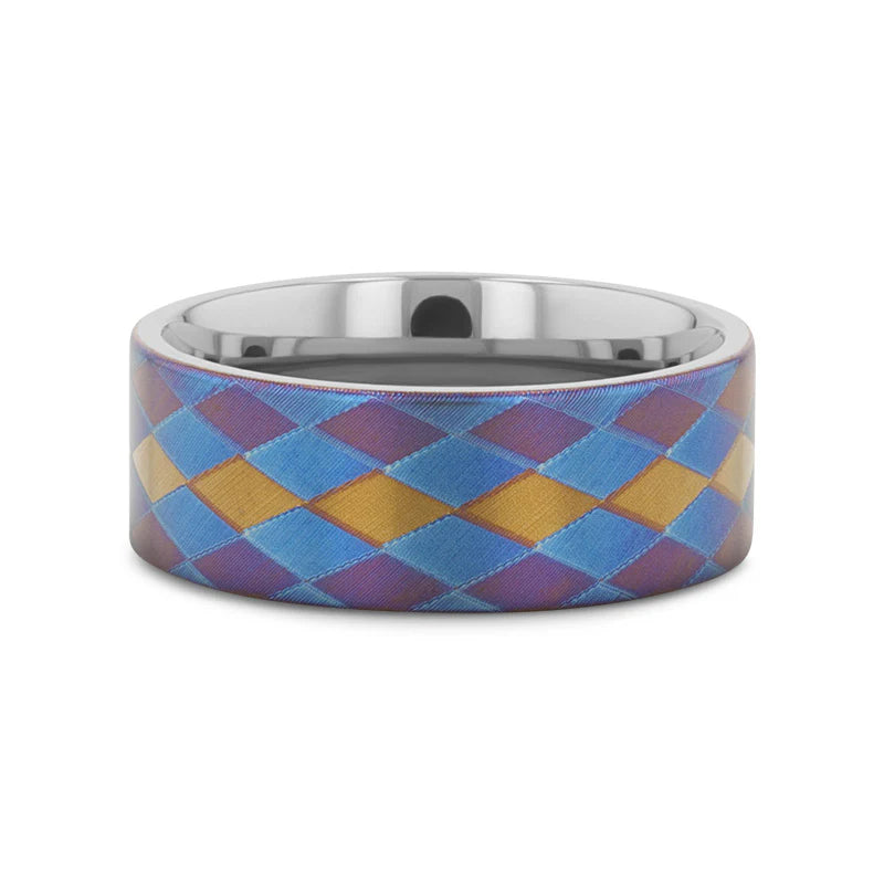 Thorsten Majestic Titanium Flat Profile Wedding Band w/ Purple, Blue & Gold Diamond Pattern (8mm) M0623-PBTI