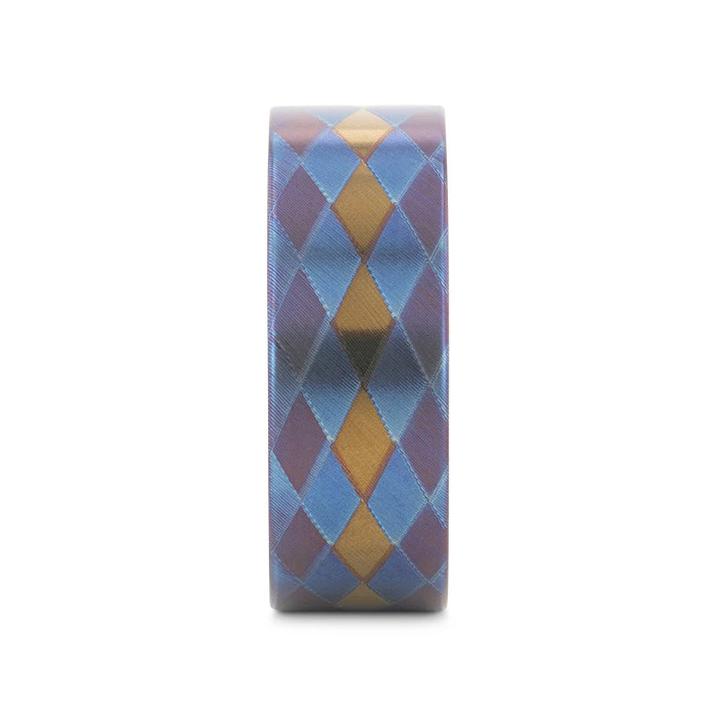 Thorsten Majestic Titanium Flat Profile Wedding Band w/ Purple, Blue & Gold Diamond Pattern (8mm) M0623-PBTI