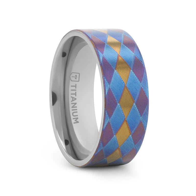 Thorsten Majestic Titanium Flat Profile Wedding Band w/ Purple, Blue & Gold Diamond Pattern (8mm) M0623-PBTI