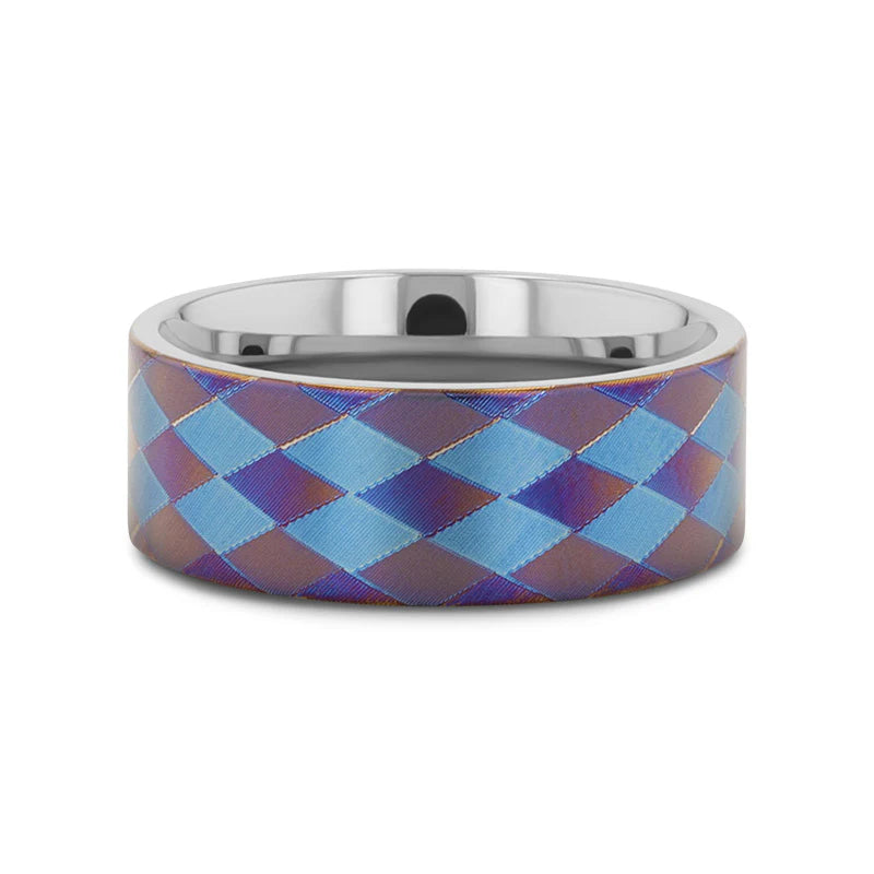 Thorsten Meridian Titanium Flat Profile Wedding Band w/ Purple &amp; Blue Diamond Pattern (8mm) M0623-BBTI