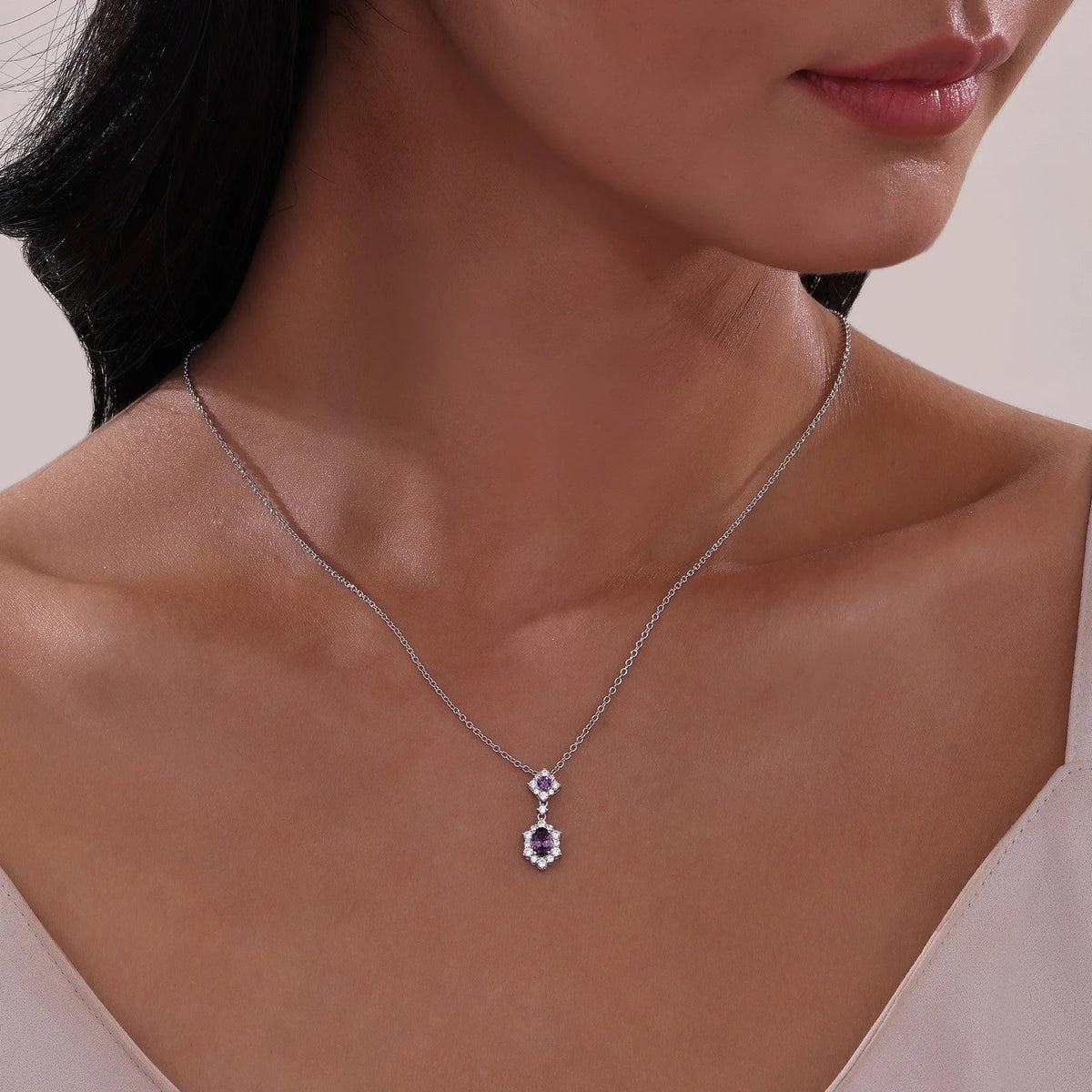 Lafonn Simulated Diamond &amp; Amethyst Oval Halo Necklace N0322AMP20