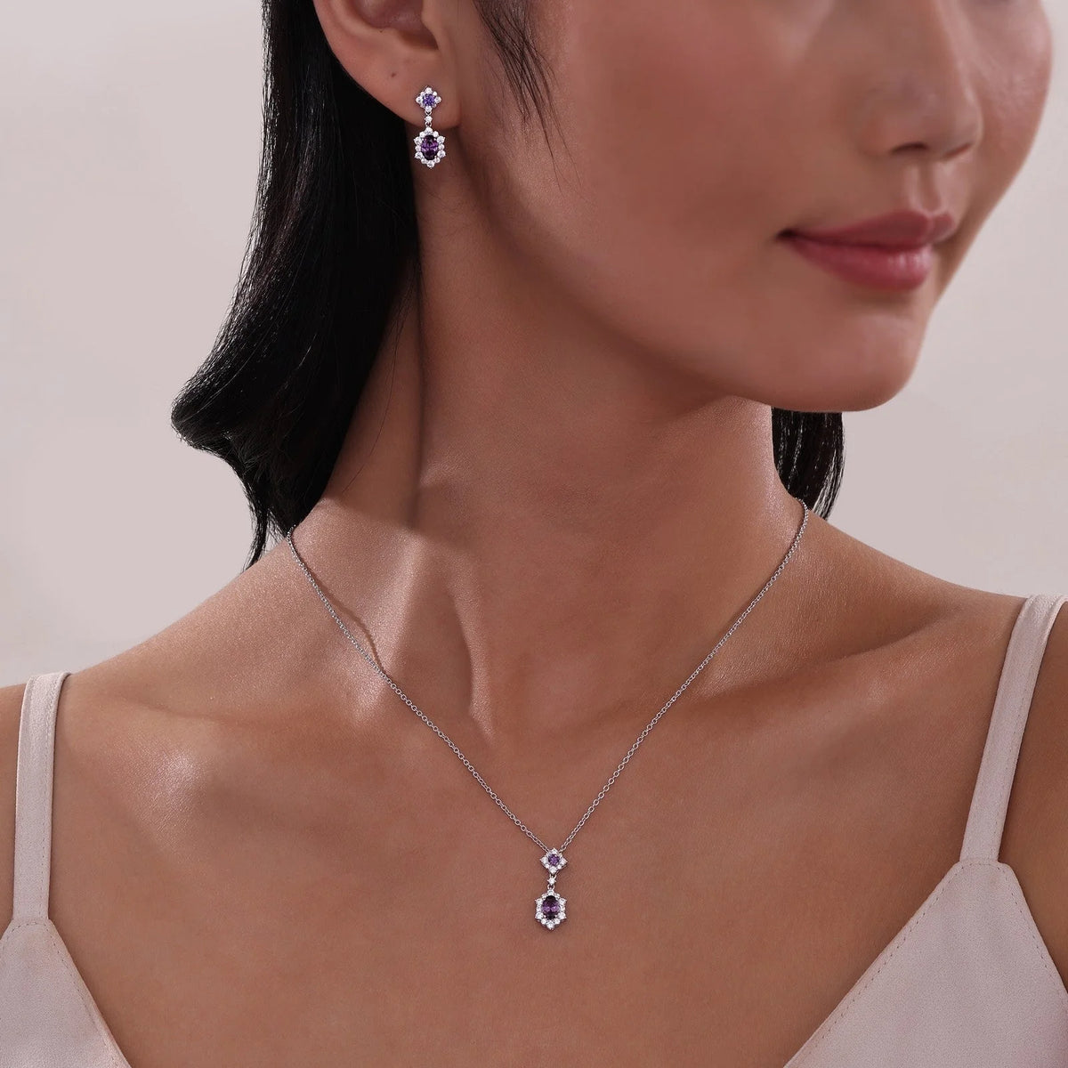 Lafonn Simulated Diamond &amp; Amethyst Oval Halo Necklace N0322AMP20