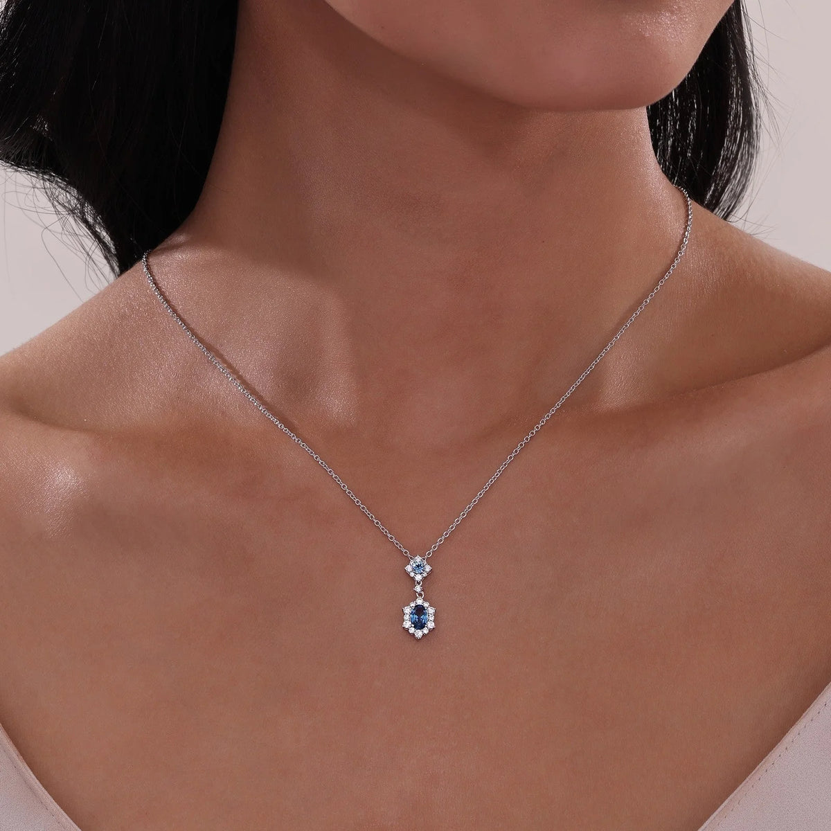 Lafonn Simulated Diamond &amp; Blue Topaz Oval Halo Necklace N0322BTP20