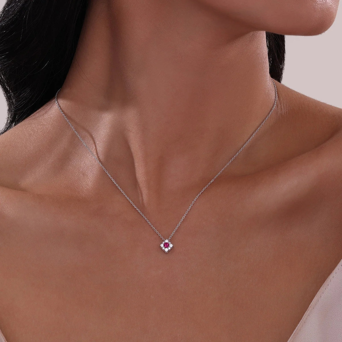 Lafonn Simulated Diamond &amp; Ruby Halo Necklace N0324CRP18