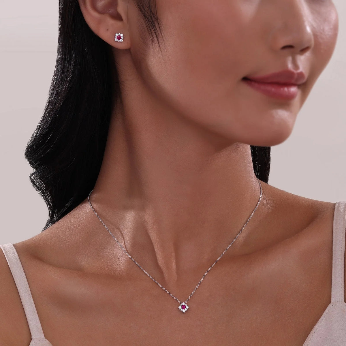 Lafonn Simulated Diamond &amp; Ruby Halo Necklace N0324CRP18