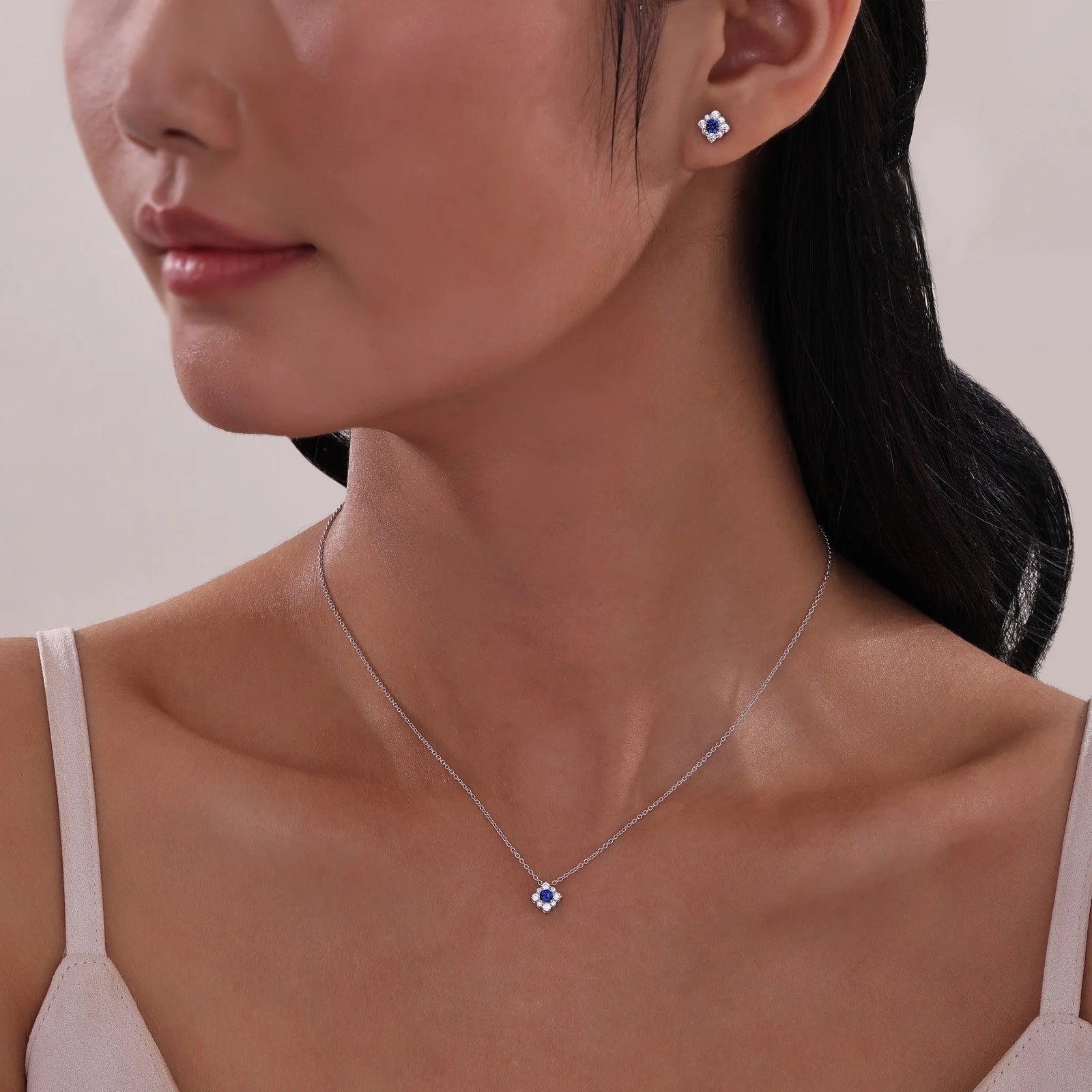 Lafonn Simulated Diamond & Blue Sapphire Halo Necklace N0324CSP18