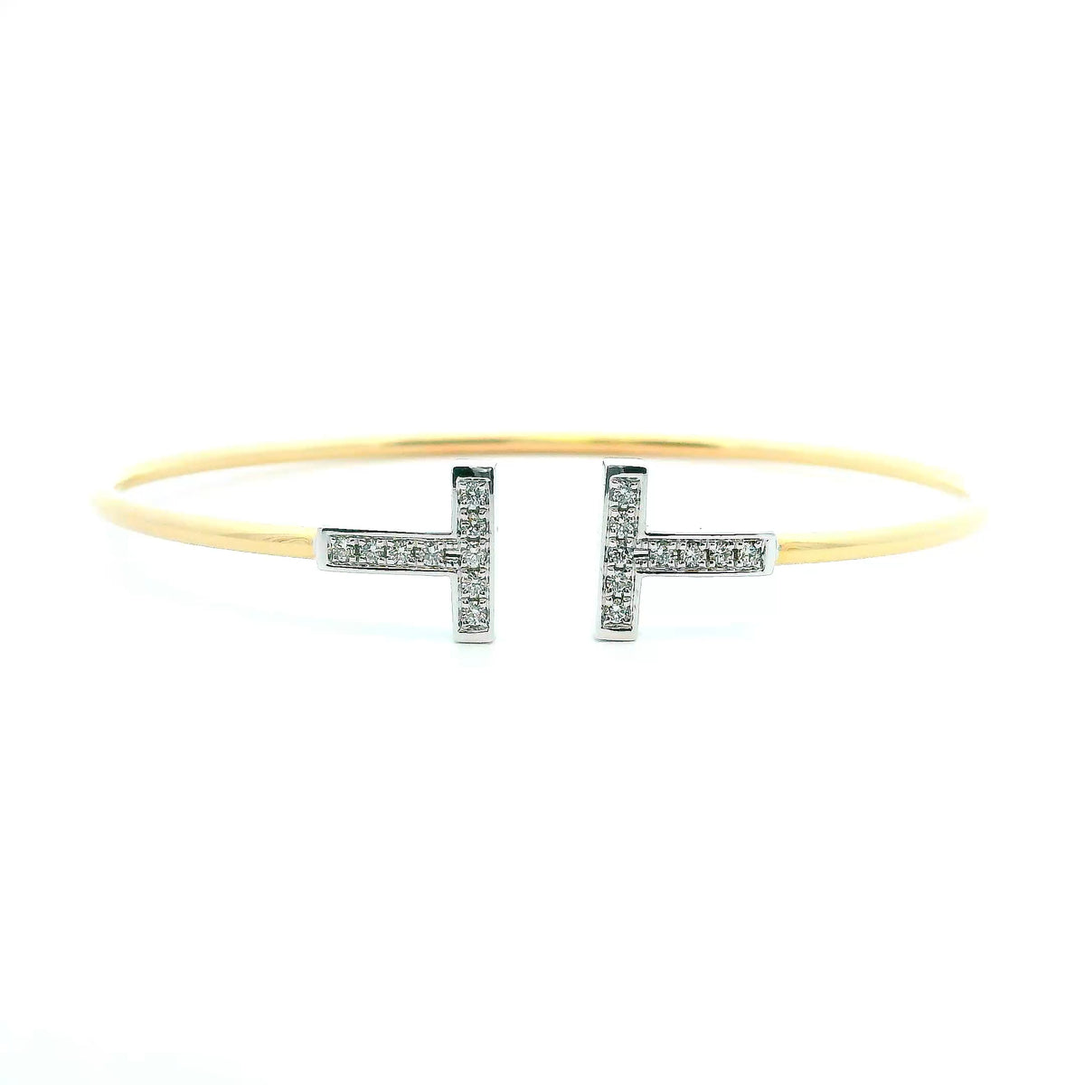 14K Yellow &amp; White Gold 0.24cttw. Diamond &quot;T&quot; Flexible Cuff Bracelet