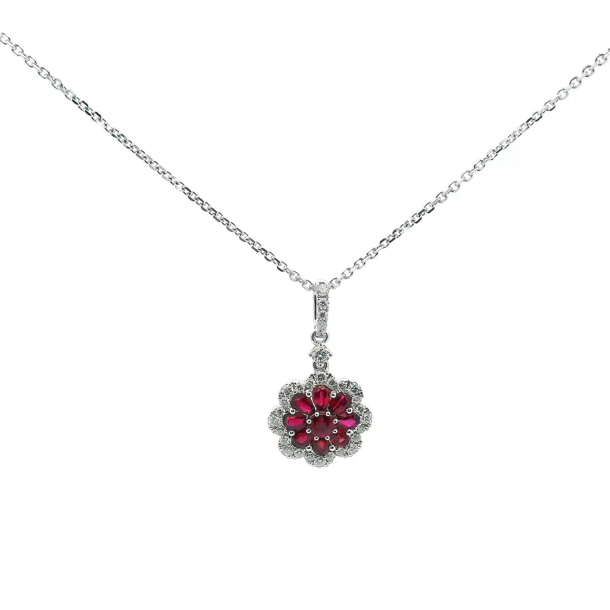 14K Yellow Gold 0.90cttw.Ruby &amp; 0.25cttw. Diamond Floral Pendant Necklace