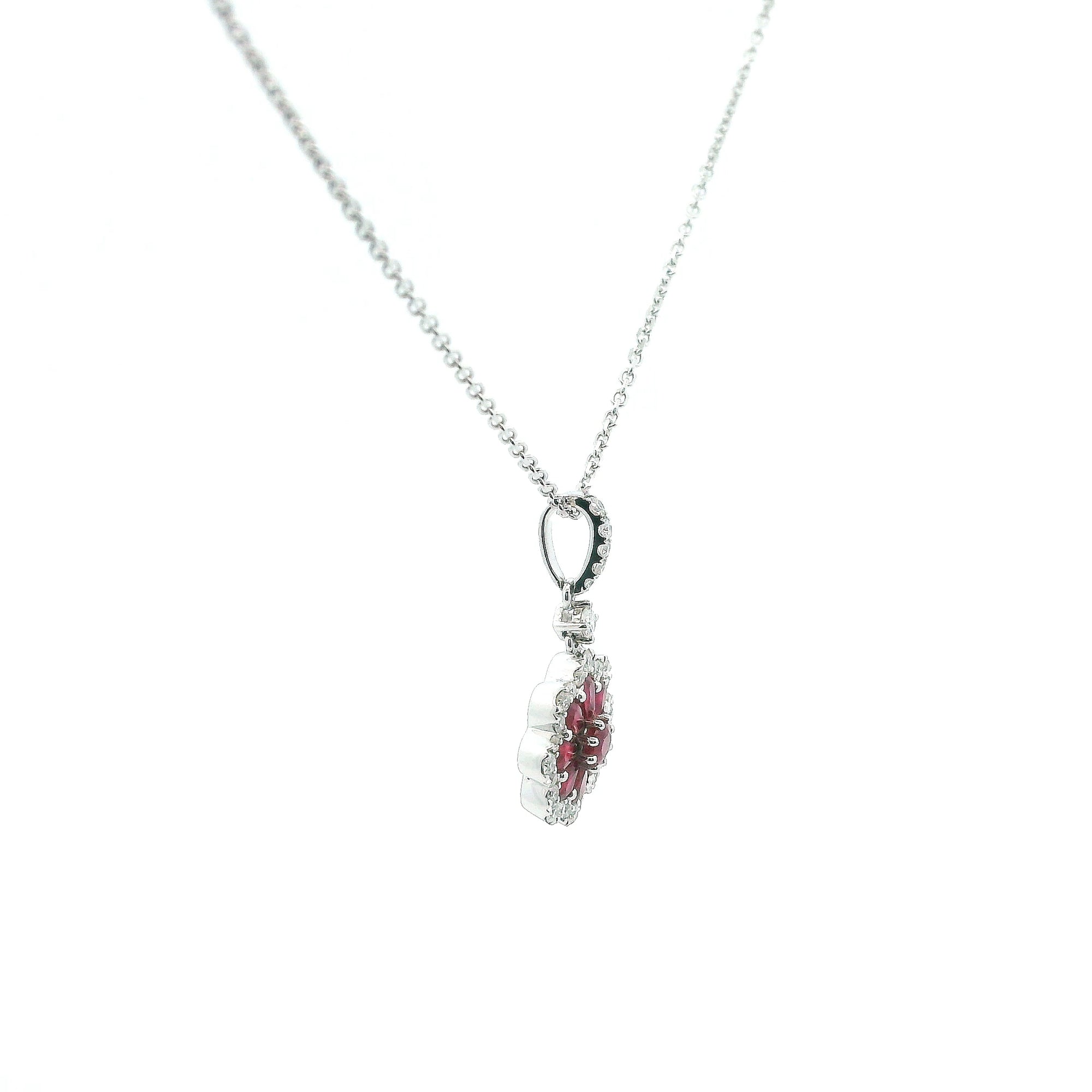 14K Yellow Gold 0.90cttw.Ruby & 0.25cttw. Diamond Floral Pendant Necklace