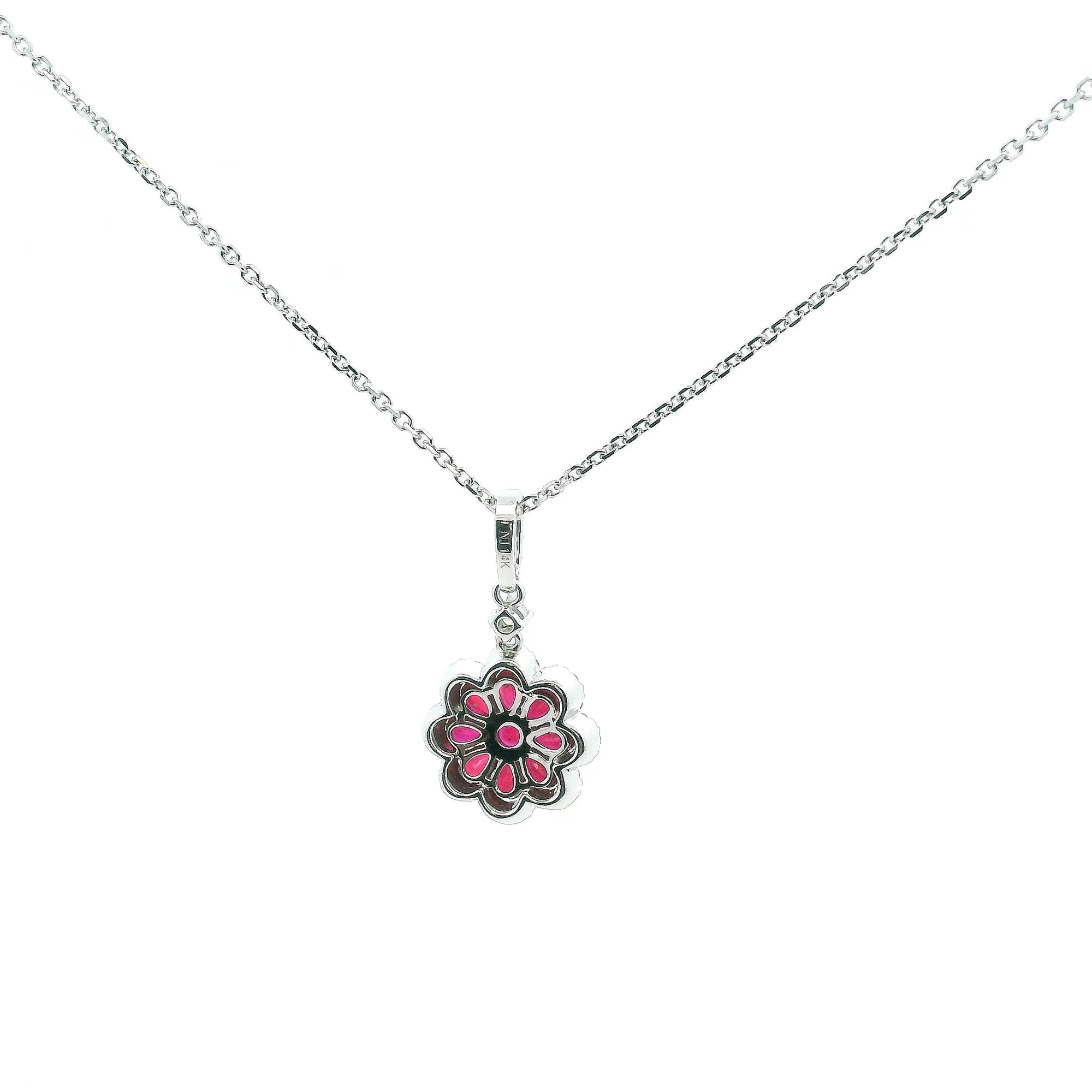 14K Yellow Gold 0.90cttw.Ruby & 0.25cttw. Diamond Floral Pendant Necklace