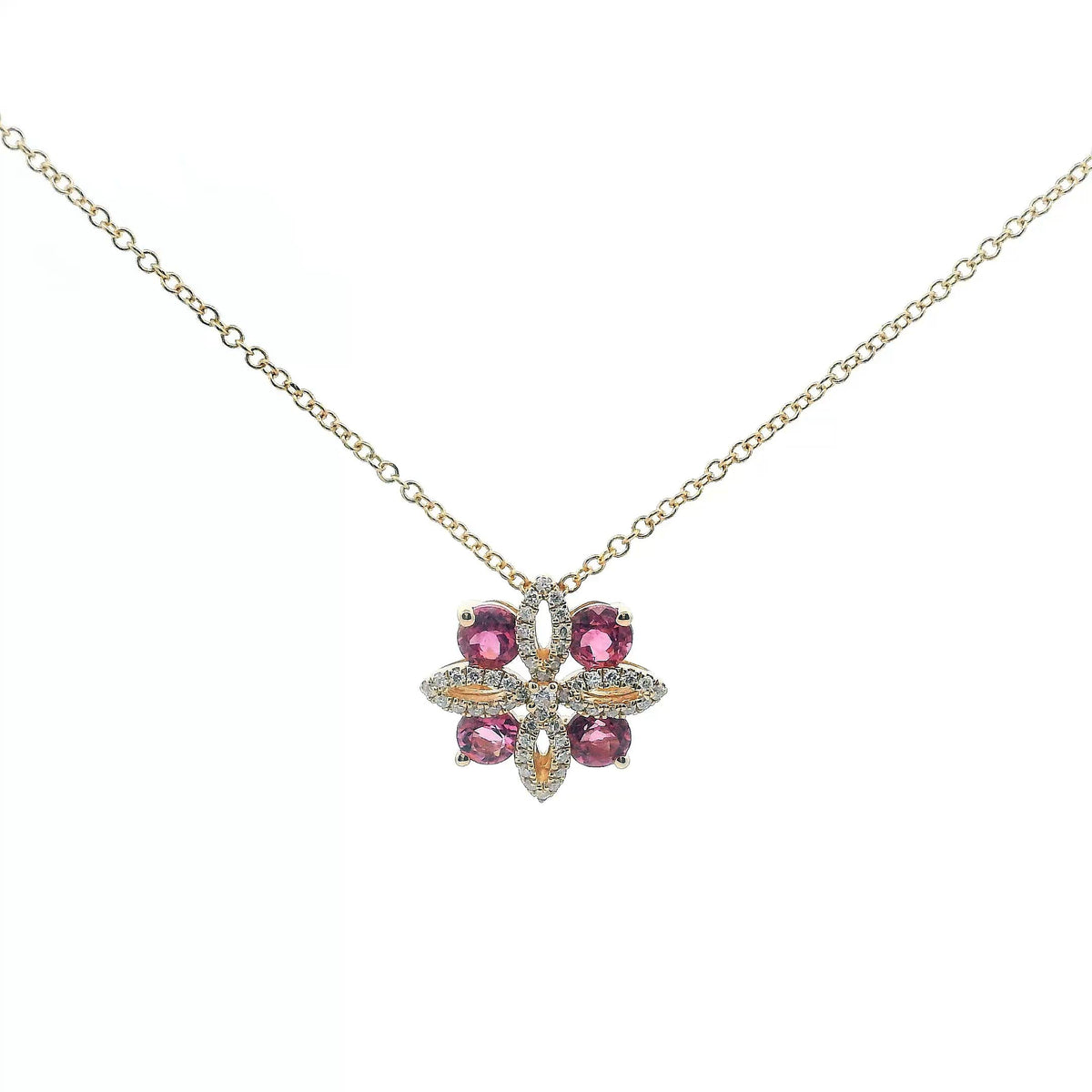 14K Yellow Gold 0.78cttw. Pink Tourmaline &amp; 0.15cttw. Diamond Floral Pendant Necklace