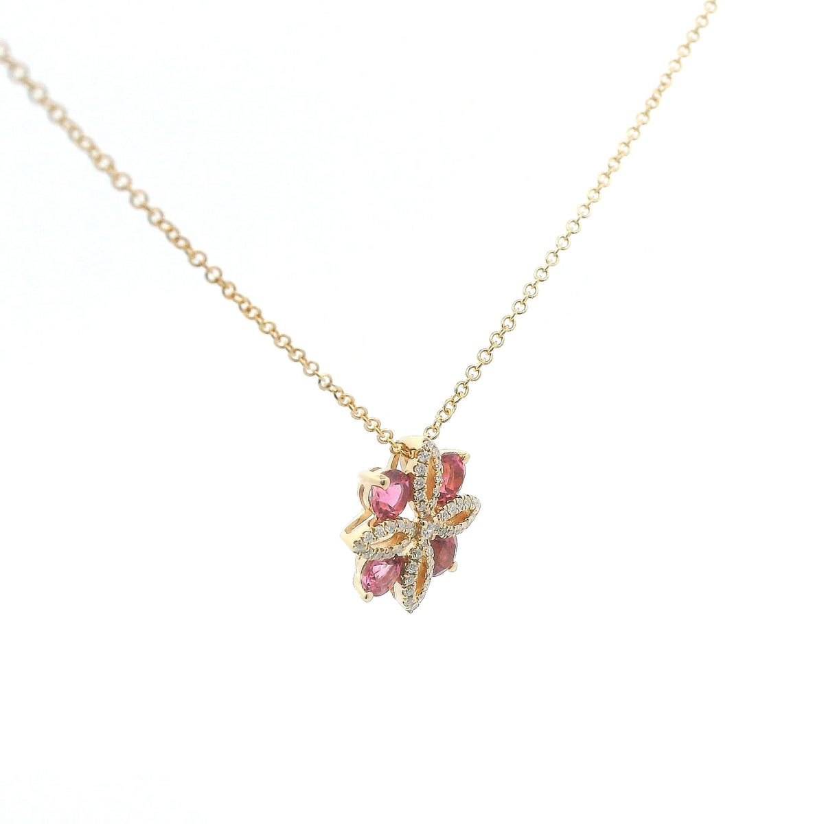 14K Yellow Gold 0.78cttw. Pink Tourmaline &amp; 0.15cttw. Diamond Floral Pendant Necklace