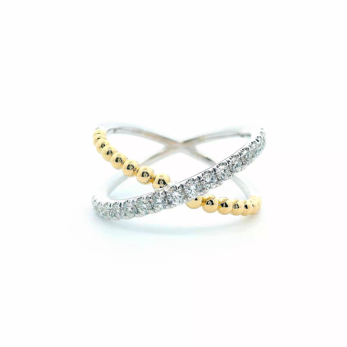 14K White &amp; Yellow Gold 0.39cttw. Diamond Beaded Crossover Fashion Ring