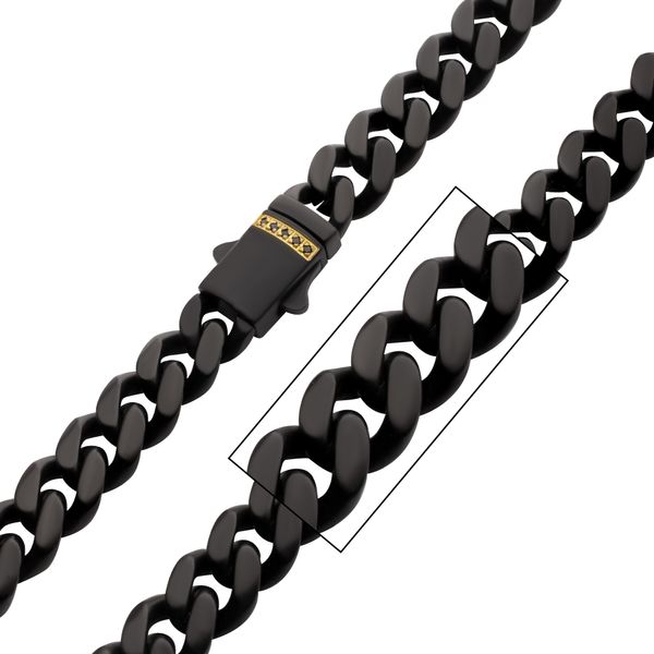 6mm Black Plated Stainless Steel Miami Cuban Matte Finish 24" Chain with Genuine Black Sapphire 18K Gold Plated Box Clasp NK659K-624
