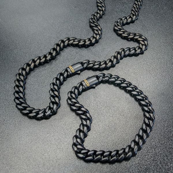 6mm Black Plated Stainless Steel Miami Cuban Matte Finish 24" Chain with Genuine Black Sapphire 18K Gold Plated Box Clasp NK659K-624