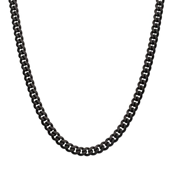 6mm Black Plated Stainless Steel Miami Cuban Matte Finish 24&quot; Chain with Genuine Black Sapphire 18K Gold Plated Box Clasp NK659K-624