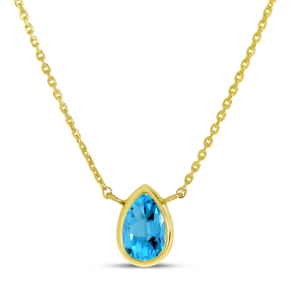 14K Yellow Gold 6x4mm Pear Shaped Blue Topaz Birthstone Necklace