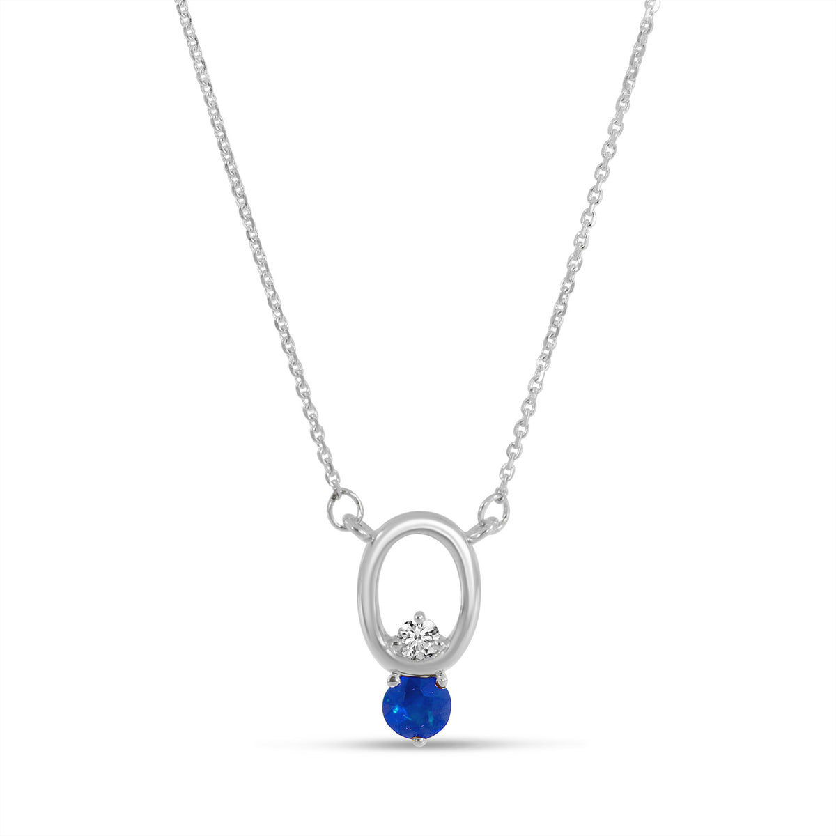 14K White Gold Sapphire &amp; Diamond Open Oval Necklace