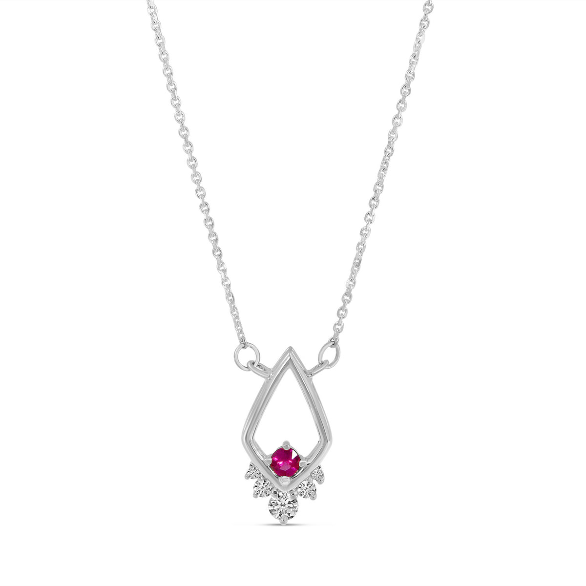 14K White Gold Ruby &amp; Diamond Open Triangle Necklace