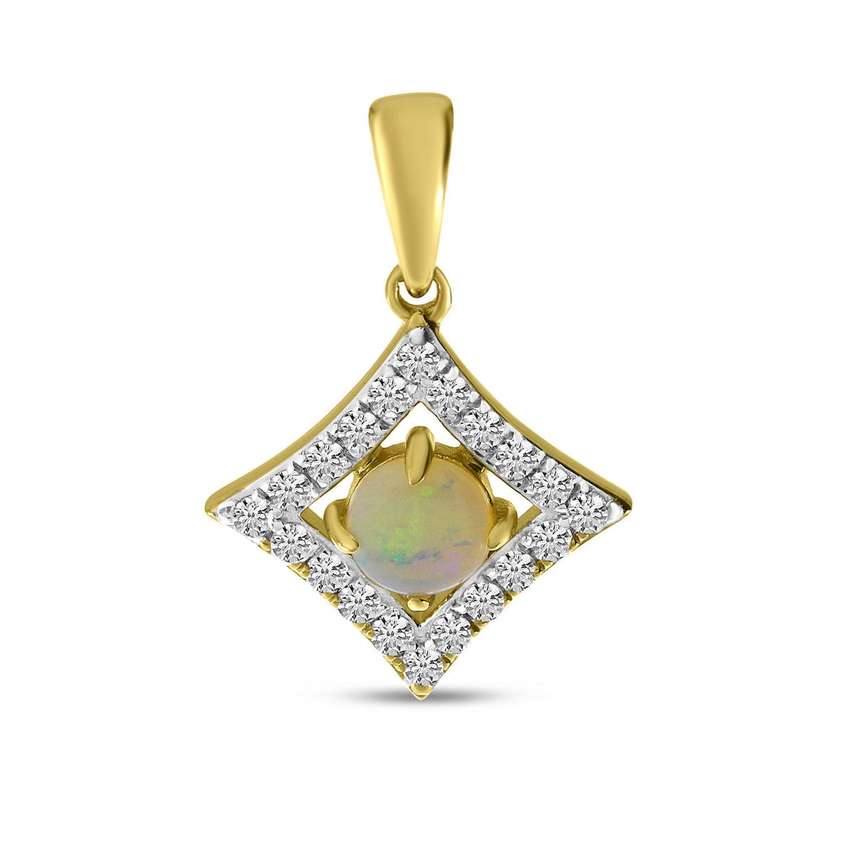 14K Yellow Gold 4MM Round Opal &amp; 0.18cttw. Diamond Pendant