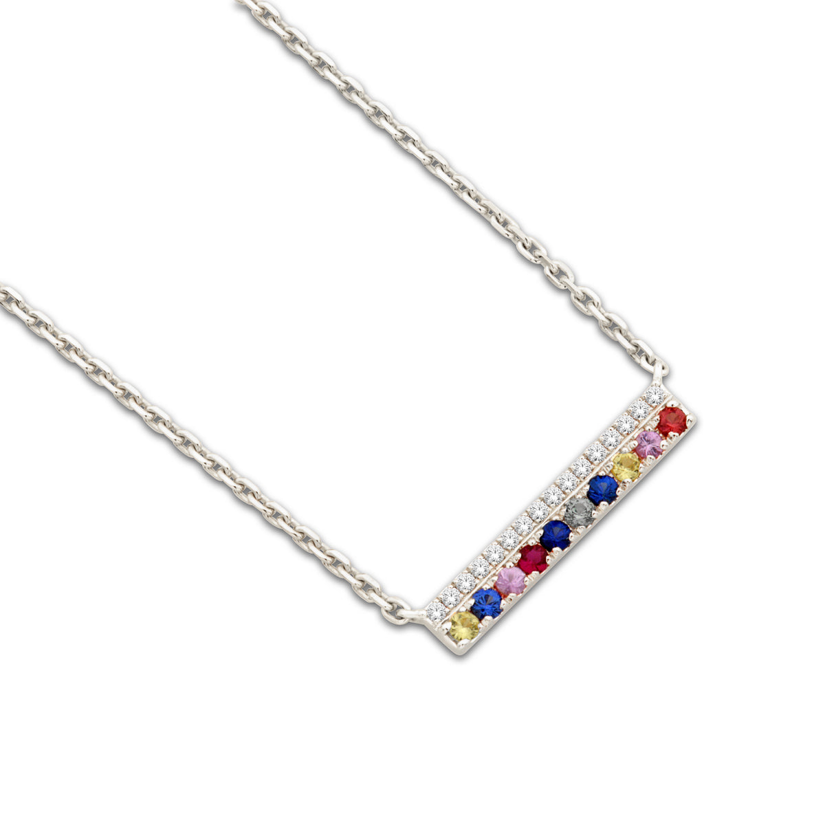 14K White Gold Diamond &amp; Rainbow Sapphire Bar Necklace