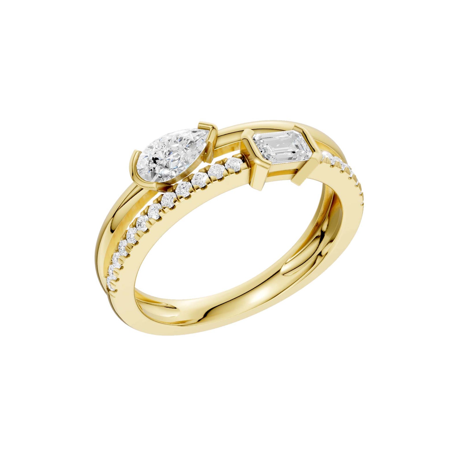 14K Yellow Gold 0.62cttw. Emerald and Pear Lab Grown Diamond Split Stackable Fashion Ring