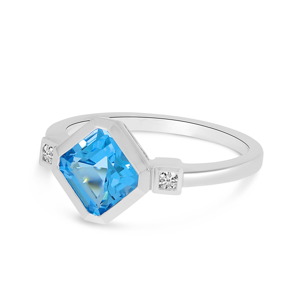 14K White Gold 1.91ct. Octagon Blue Topaz & 0.05ct. Diamond Fashion Ring