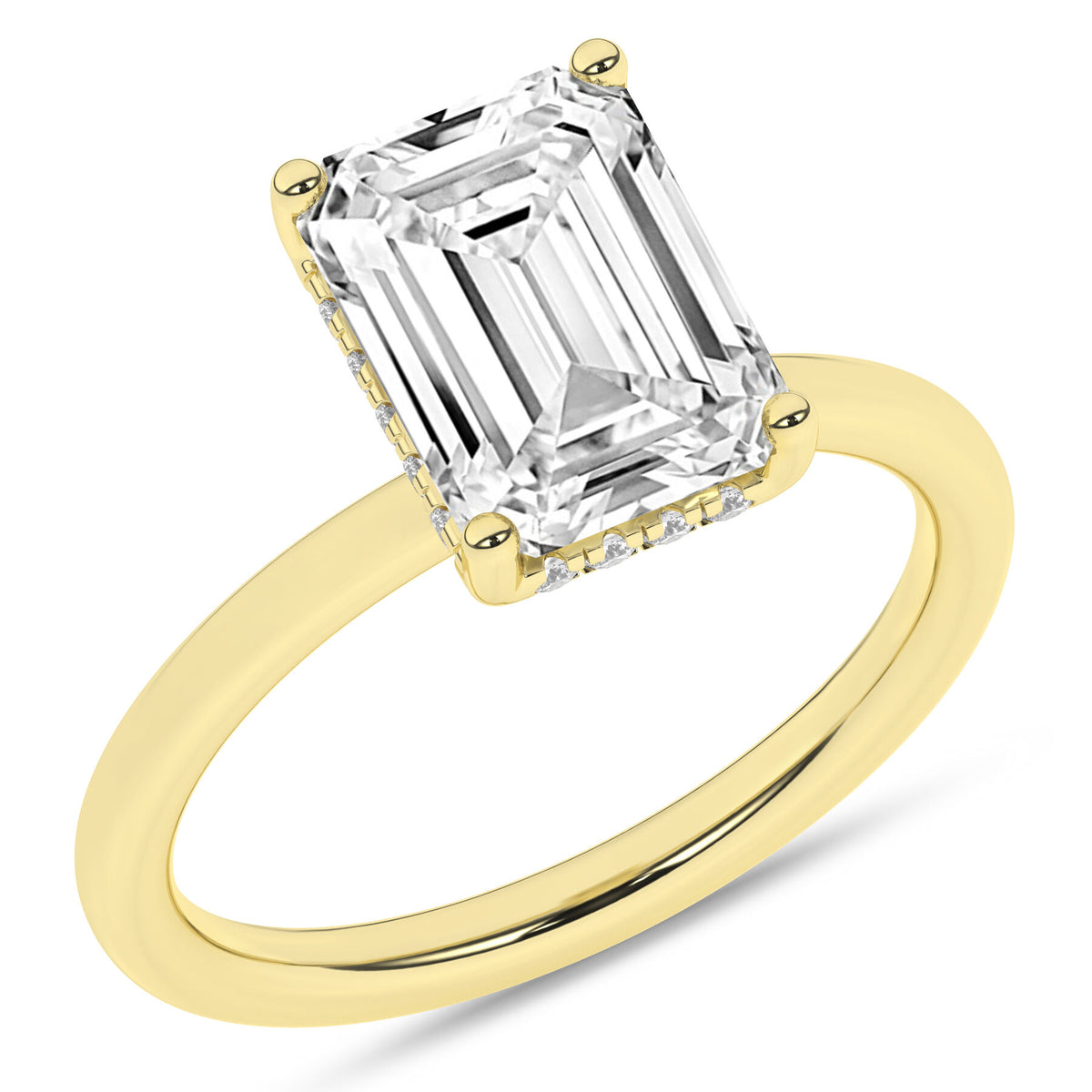 14K Yellow Gold 3.20 Carat Emerald Brilliant Cut Lab Grown Diamond Solitaire Hidden Halo Engagement Ring