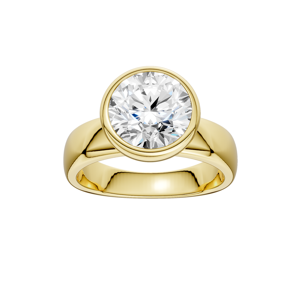 14K Yellow Gold 3.00 Carat Round Brilliant Cut Lab Grown Diamond Solitaire Bezel Set Wide Band Engagement Ring