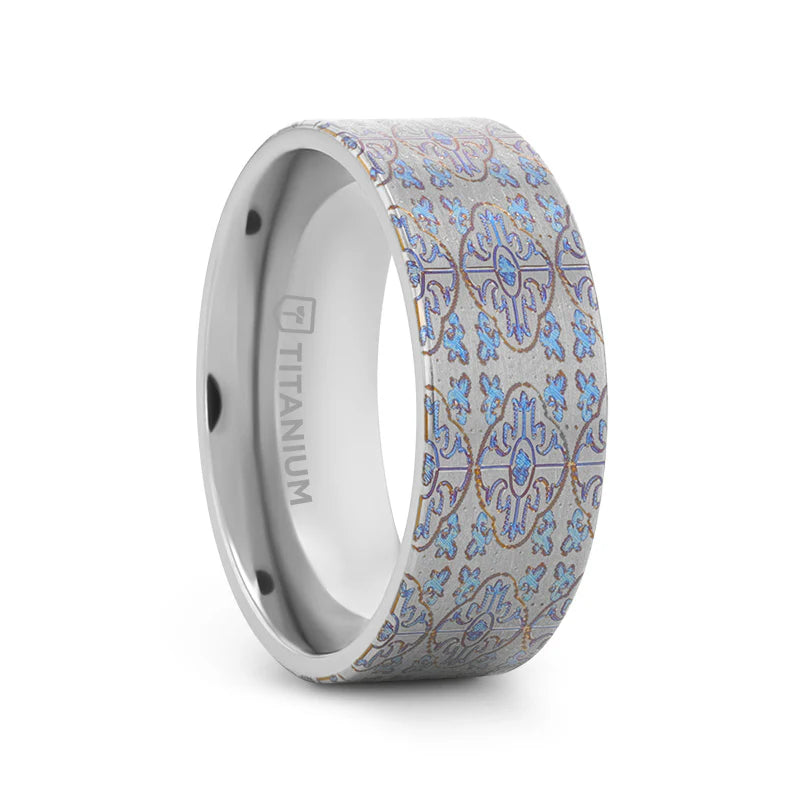 Thorsten Solace Titanium Flat Profile Wedding Band w/ Engraved Cross Pattern (8mm) S0623-SETI