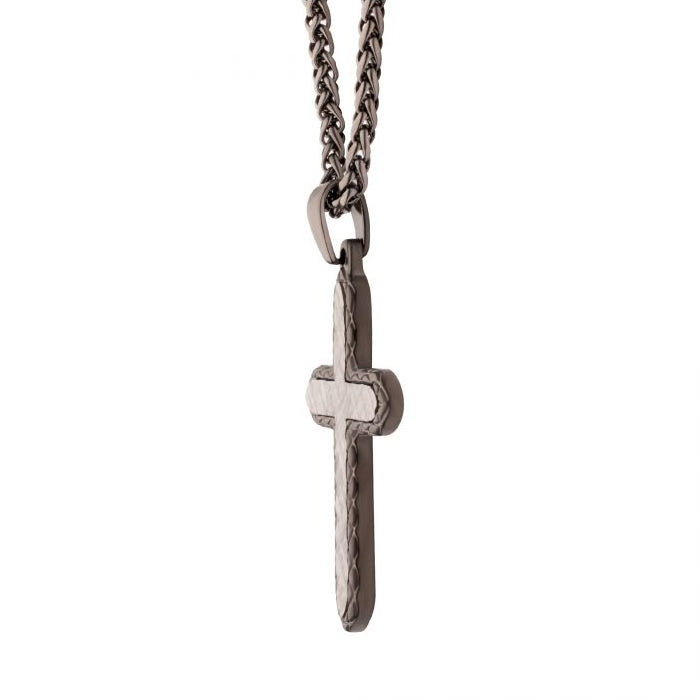 Gun Metal Plated Stainless Steel Chiseled Bold Cross Firenze Pendant With Wheat Chain SSP661GMNK