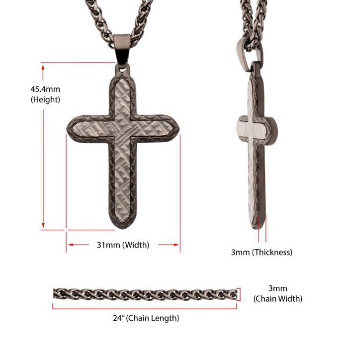 Gun Metal Plated Stainless Steel Chiseled Bold Cross Firenze Pendant With Wheat Chain SSP661GMNK