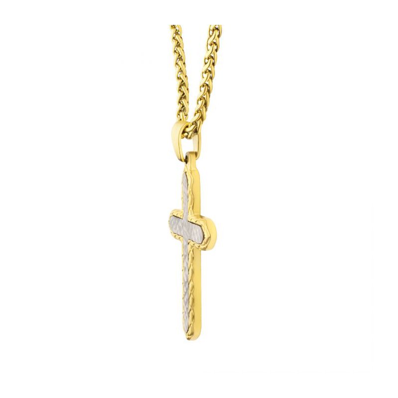 18K Gold Plated Stainless Steel Chiseled Bold Cross Firenze Pendant With Wheat Chain SSP661GPNK