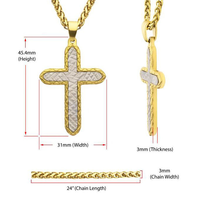18K Gold Plated Stainless Steel Chiseled Bold Cross Firenze Pendant With Wheat Chain SSP661GPNK