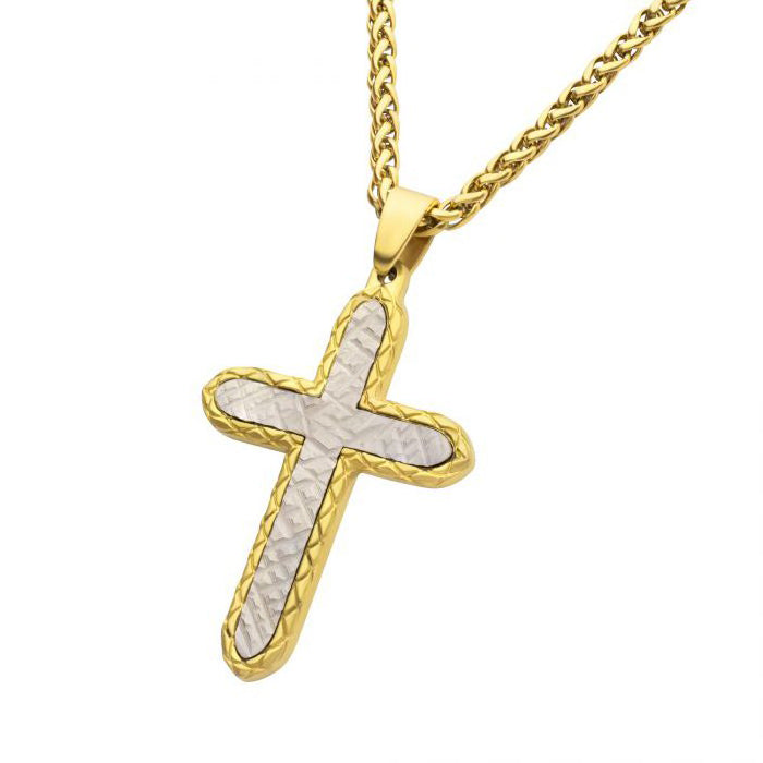 18K Gold Plated Stainless Steel Chiseled Bold Cross Firenze Pendant With Wheat Chain SSP661GPNK