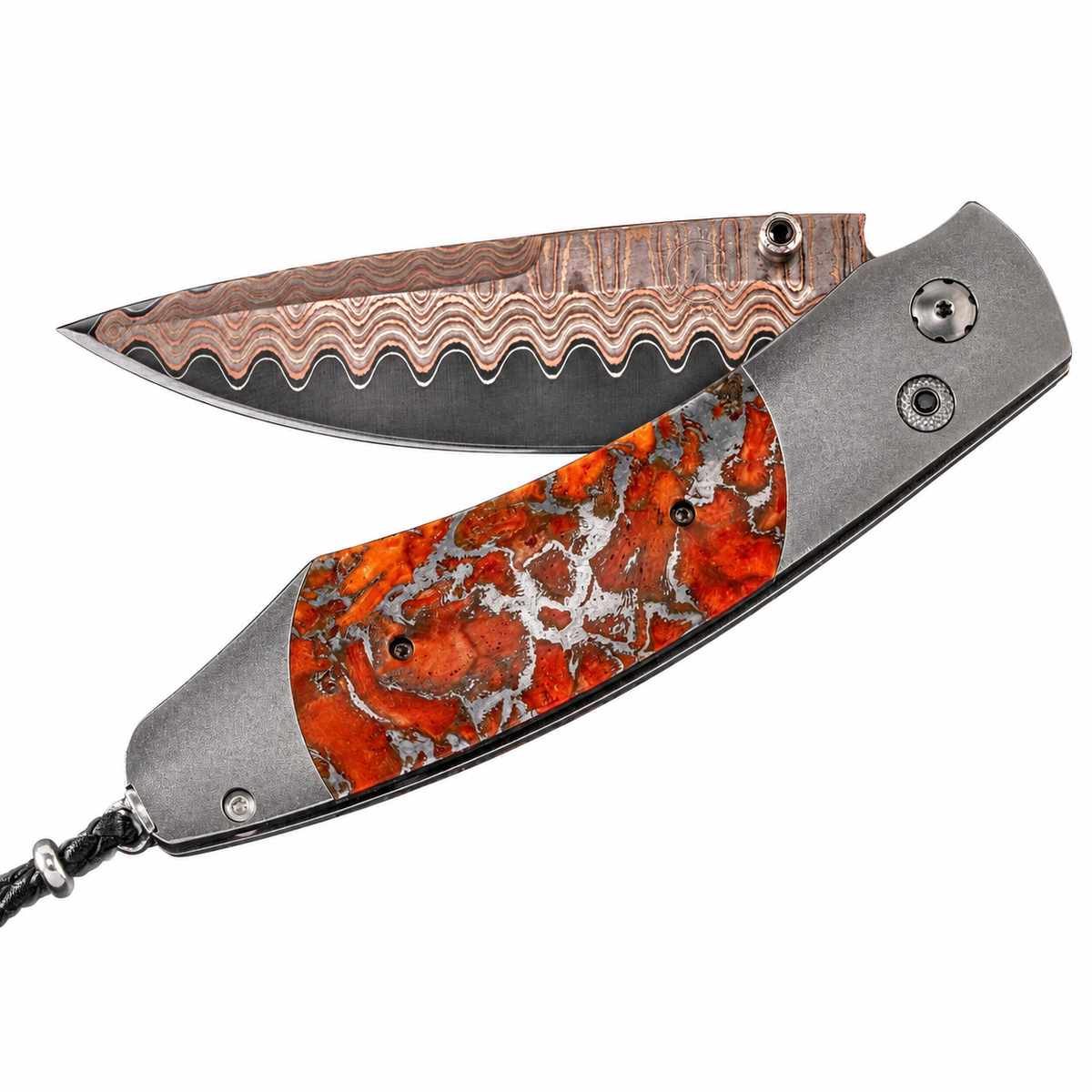 William Henry B12 Laguna - Apple Coral Inlaid Titanium Frame w/ Copper Wave Damascus Blade Folding Knife