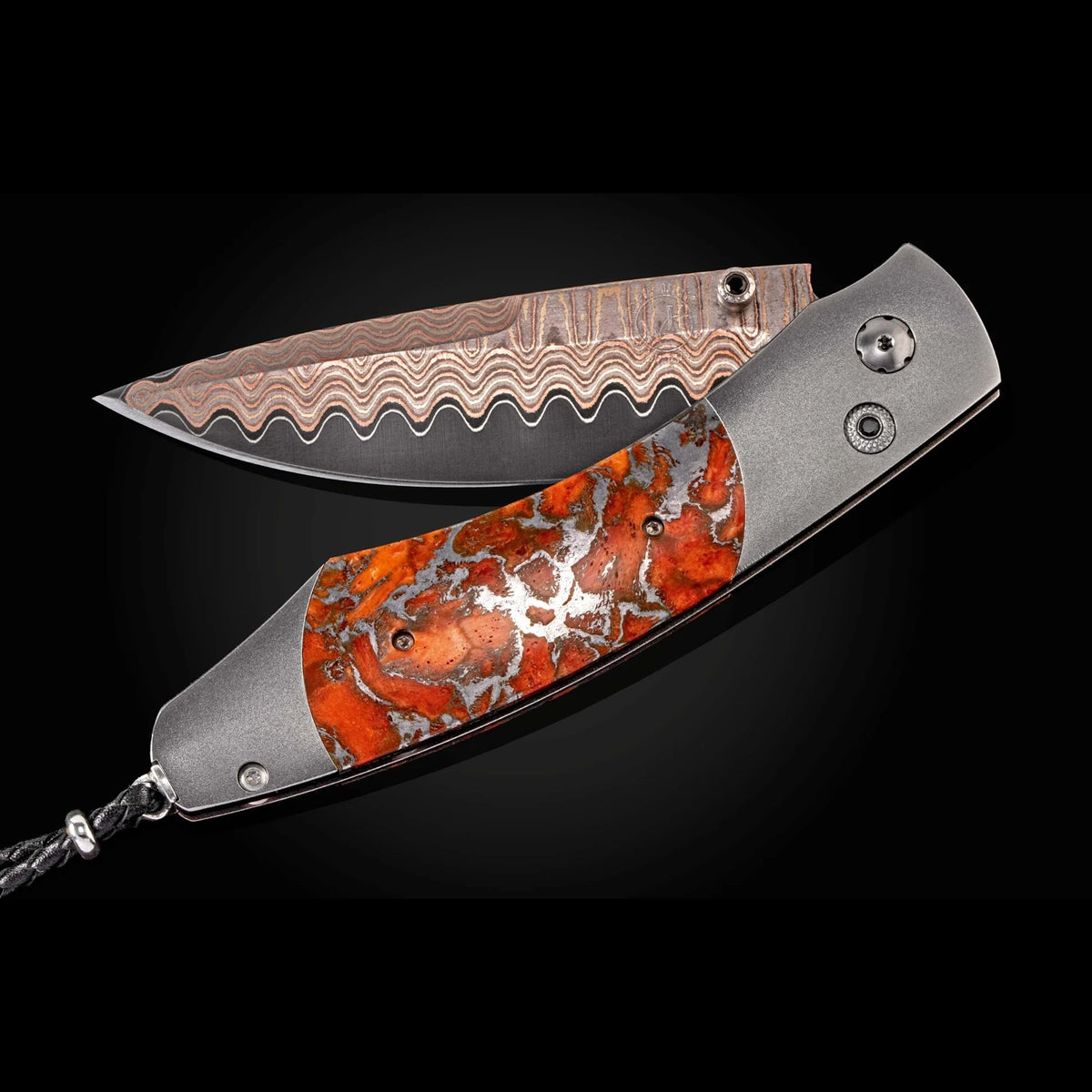 William Henry B12 Laguna - Apple Coral Inlaid Titanium Frame w/ Copper Wave Damascus Blade Folding Knife