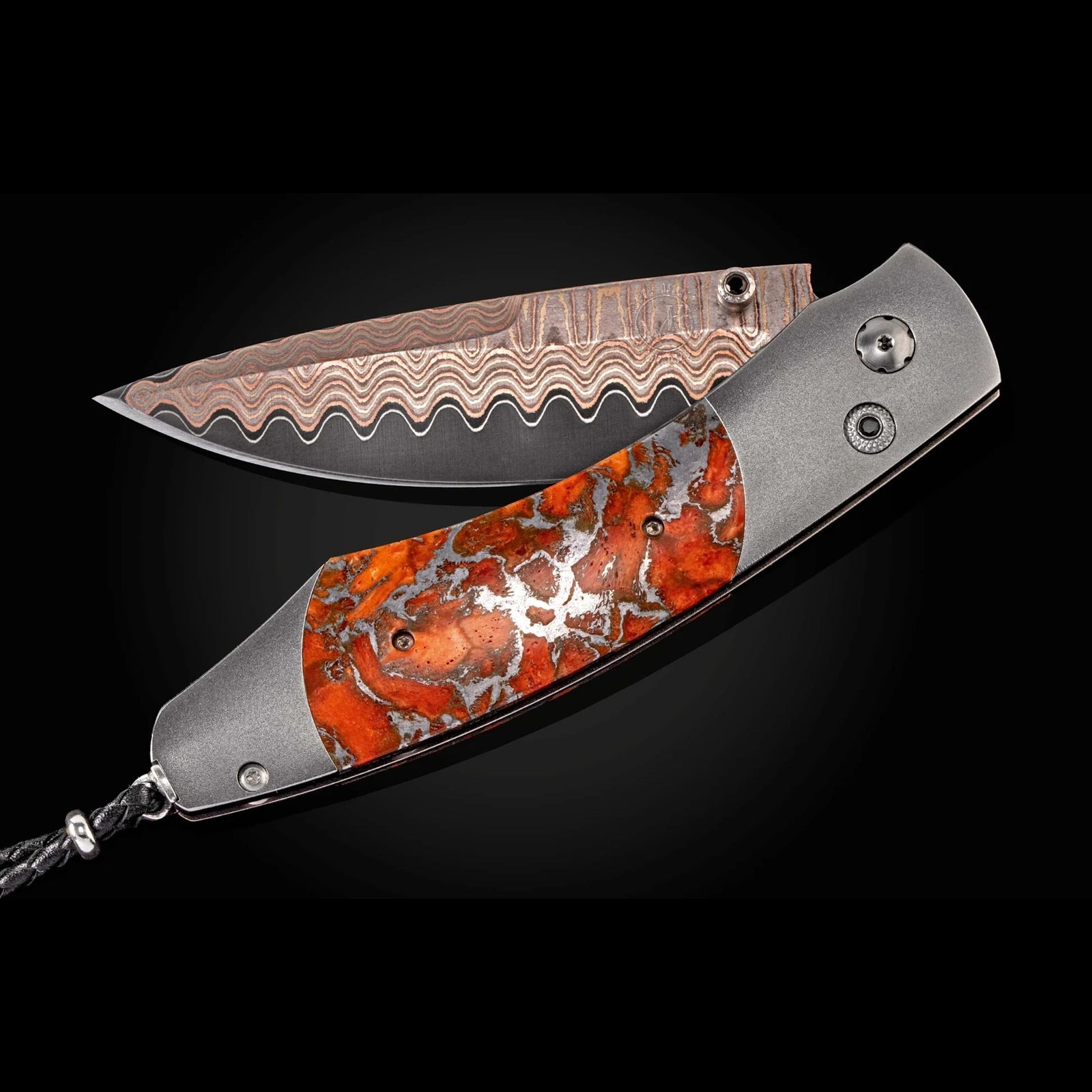 William Henry B12 Laguna - Apple Coral Inlaid Titanium Frame w/ Copper Wave Damascus Blade Folding Knife