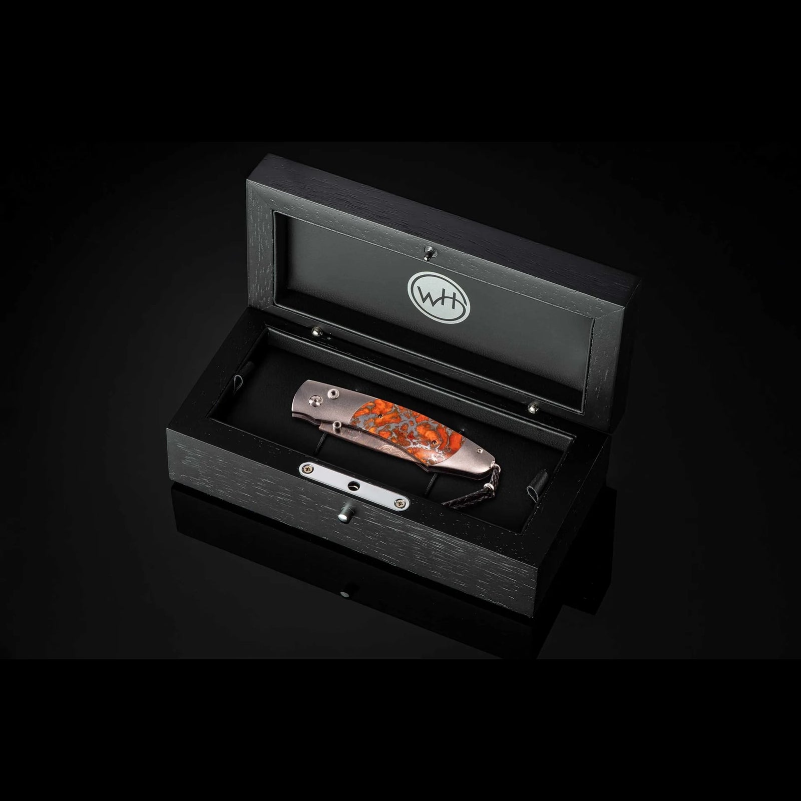 William Henry B12 Laguna - Apple Coral Inlaid Titanium Frame w/ Copper Wave Damascus Blade Folding Knife