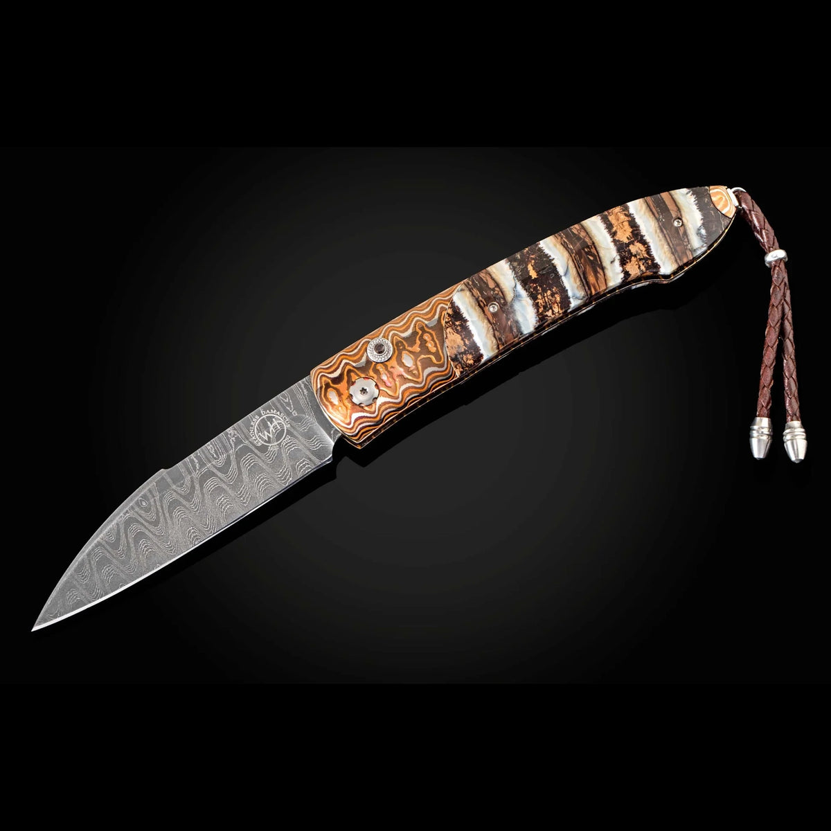 William Henry B22 Mammut - Woolly Mammoth Tooth Inlaid Wave Mokume Frame w/ Meadows Damascus Blade Automatic Folding Knife
