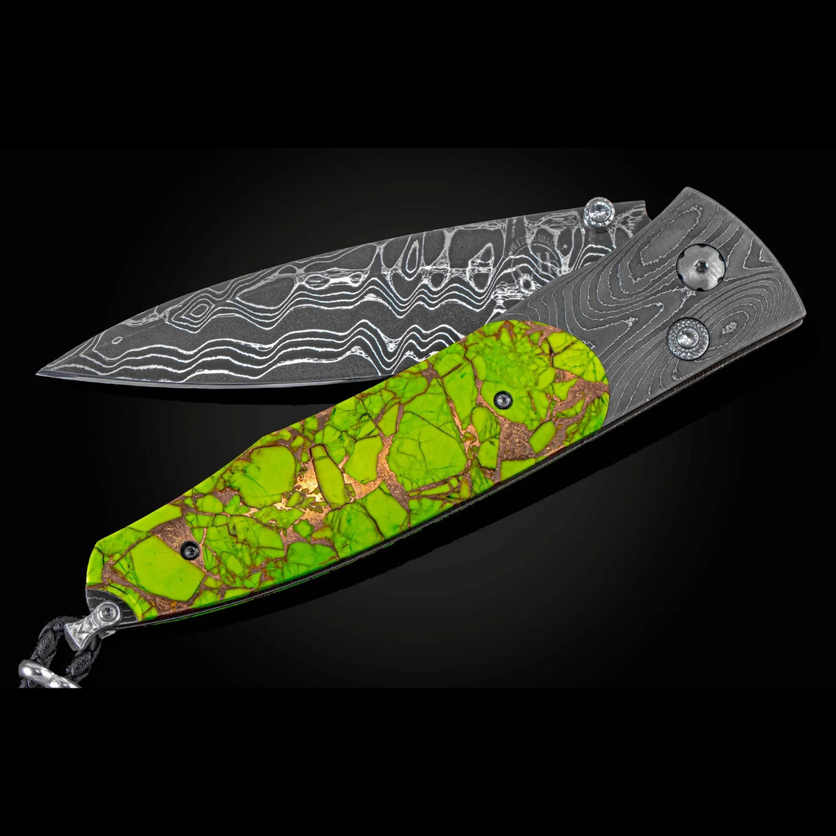 William Henry B30 Mojave Green - Mojave Green Turquoise & Copper Inlaid Twist Damascus Frame w/ Intrepid Damascus Blade Folding Knife