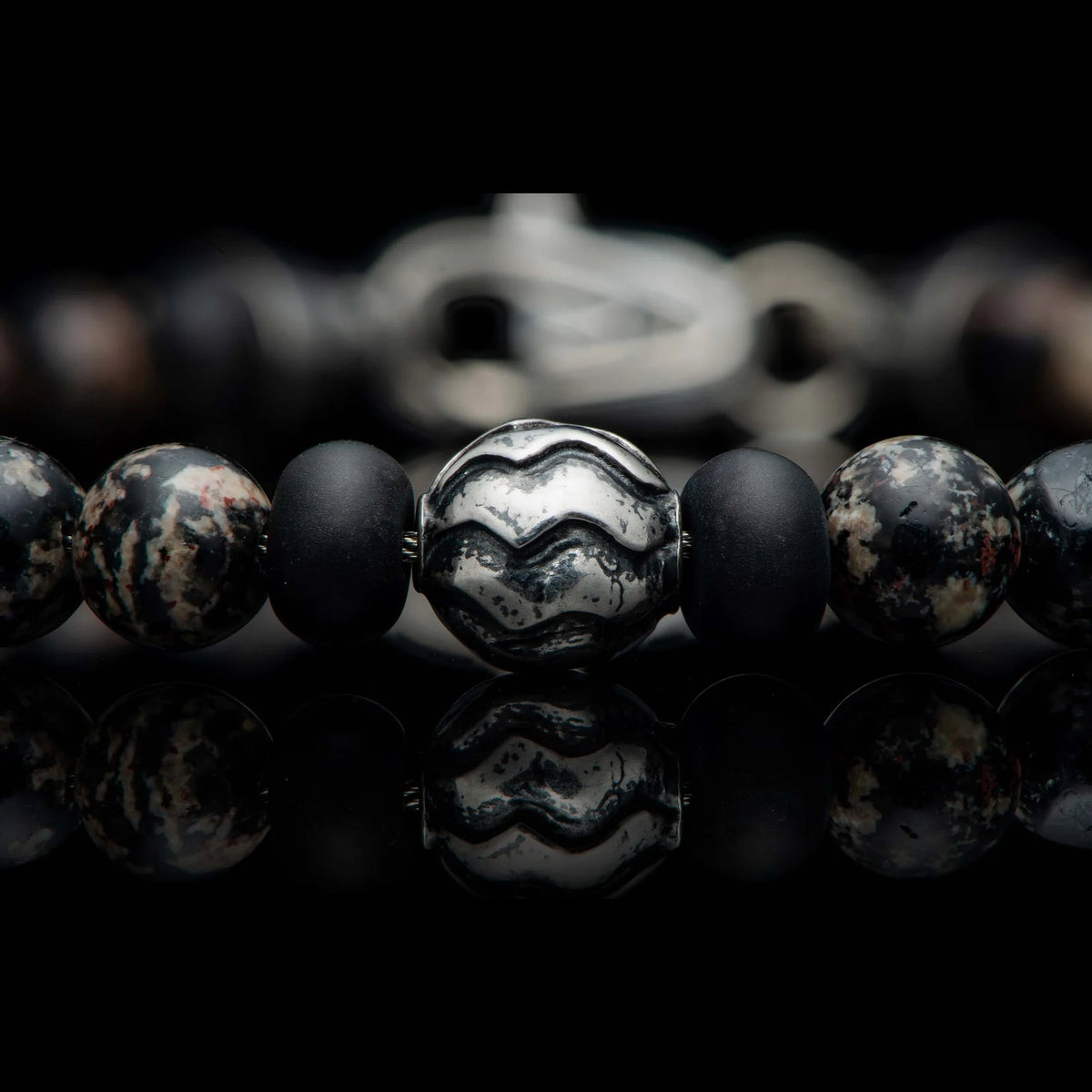 William Henry Brookings Red Snowflake Obsidian Beaded Bracelet