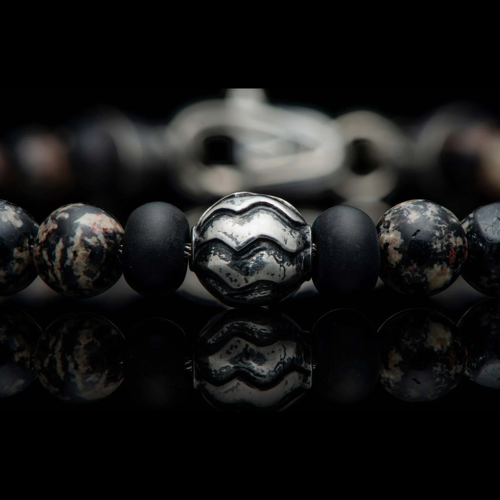 William Henry Brookings Red Snowflake Obsidian Beaded Bracelet