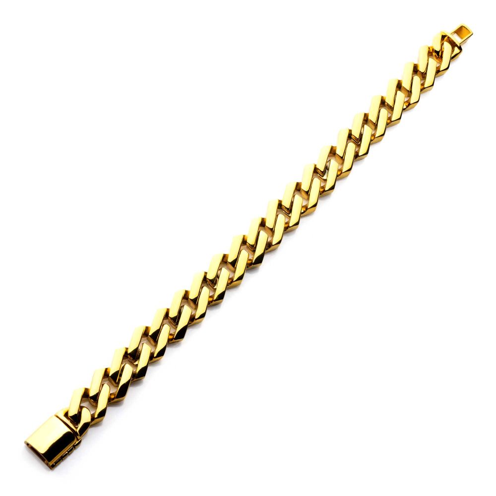 10mm 18K Gold Plated Stainless Steel Diamond Prong Cuban Chain 9" Bracelet BR579GP-9