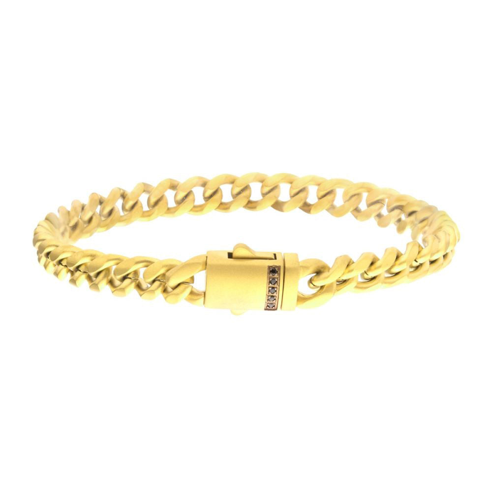 6mm 18K Gold Plated Stainless Steel Miami Cuban Matte Finish 8&quot; Chain Bracelet with Genuine Black Sapphire 18K Gold Plated Box Clasp BR659GP-680