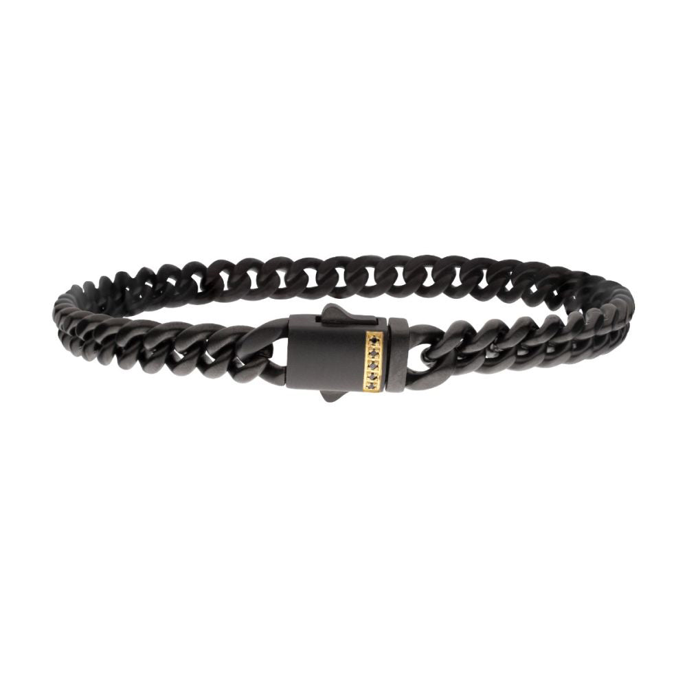 8mm Black Plated Stainless Steel Miami Cuban Matte Finish 8" Chain Bracelet with Genuine Black Sapphire 18K Gold Plated Box Clasp BR659K-880